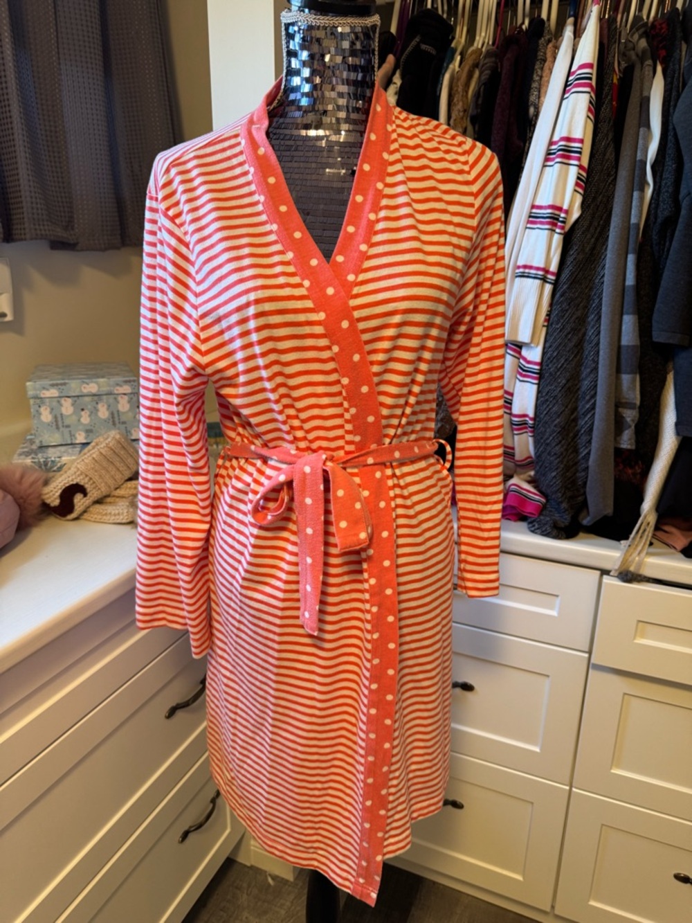 Striped Orange and White Long Sleeve robe soft L